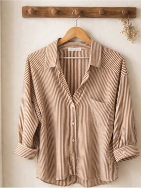 Zara Beige and White Striped Button-Down Shirt
